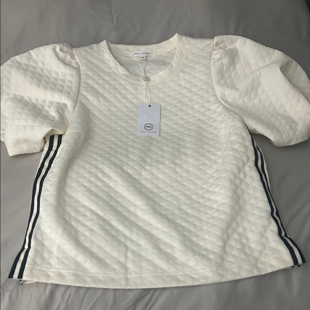 Mary Square Quilted Puff-Sleeve Top in Cream with Stripe Detail